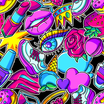 Seamless pattern with fashion girlish patches. Colorful cute teenage background.
