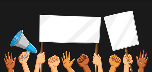 Illustration of hands with banners. Picket signs or protest placards on demonstration or protest.