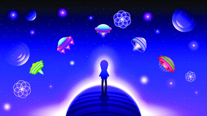 Abstract Aliens On Flying Saucers In Dark Space Planet Background Gradient Unidentified Flying Object Ufo Stars People Planet Vector Design Style