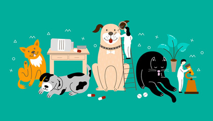 Veterinary clinic, veterinary dermatology. Banner with a cat, dogs, doctors.
Vector flat illustration.