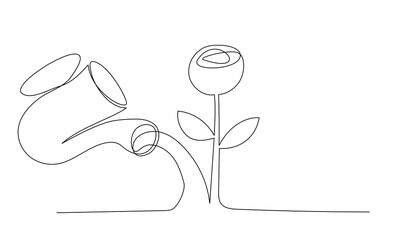 A watering can watering a flower. Linear art. One line trend illustration.