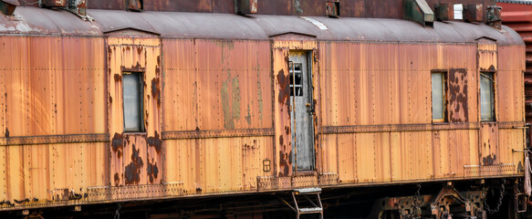 Vintage rusty metal abandoned railroad cars