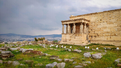 The Erechtheum temple on the north side of the Acropolis of Athens