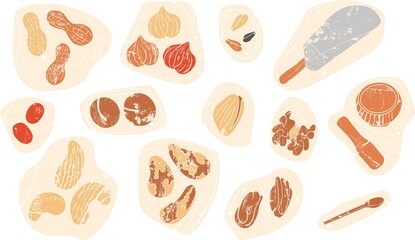 Vector set of Nuts, Seeds and Utensils. Included walnut, sesame, almond, peanut, cashew, sunflower seeds, hazelnut, pistachio, pine, brazil nuts isolated on pastel colored grunge covers. Snack mix.