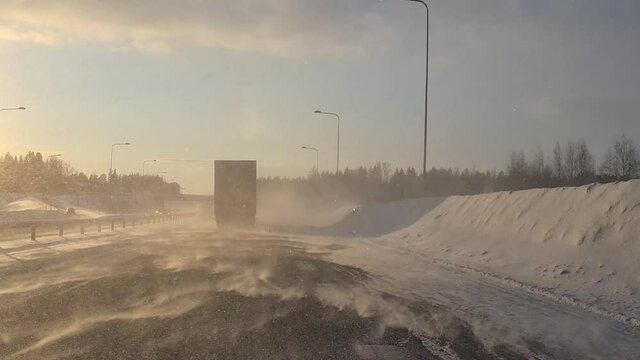 Driving on snowy highway. First-person process plate