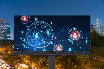 Glowing Social media icons on billboard over night panoramic city view of Bangkok. The concept of networking and establishing new connections between people and businesses in Southeast Asia