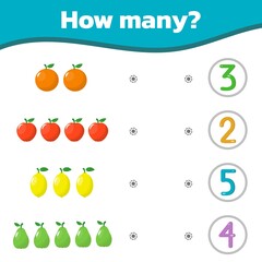 Math colorful game for kids. How many cute sweet fruits are there. Vector illustration.