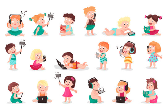 Kid Toddler Using Mobile Gadget and Device Listening to Music, Taking Photograph and Speaking by Phone Vector Illustration Set
