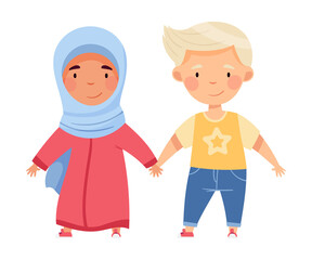 Cheerful Boy and Girl of Diverse Nationality Holding Hands and Smiling Vector Illustration