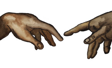 Hands reaching out, Michelangelo's Creation of Adam wall paintings. Watercolor illustration in Old Renaissance oil and Sistine Chapel frescoes artwork. Human relationships, friendship