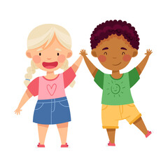 Cheerful Boy and Girl of Diverse Nationality Holding Hands and Smiling Vector Illustration