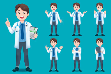 Asian doctor young man have different gestures for introducing work and medical services for children.