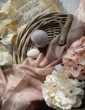 Spring Flat Lay With Stones, Driftwood And Flowers