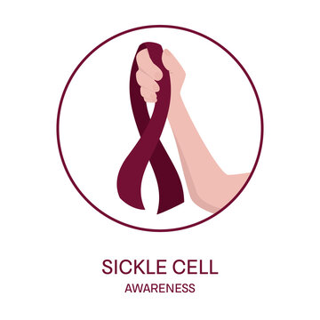 Sickle cell anemia awareness poster. Burgundy colour ribbon in a hand on white background. Inherited red blood cell disorder. SCA disease medical concept. Vector illustration.