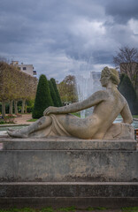 Asnieres-Sur-Seine, France - 04 11 2021: Square Joffre marshal. Close up shot of a fountain woman sculpture