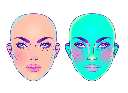 Portrait of robot android woman in retro futurism style. Vector illustration of a cyborg in glowing neon bright colors. futuristic synth wave flyer template. Cyber technology.
