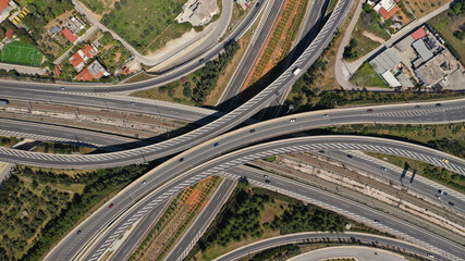 Aerial drone photo of multilevel highway junction toll road of Attiki Odos connecting Attica to Athens International Airport of Eleftherios Venizelos, Attica, Greece