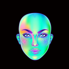 Portrait of robot android woman in retro futurism style. Vector illustration of a cyborg in glowing neon bright colors. futuristic synth wave flyer template. Cyber technology.