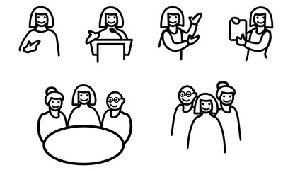 A set of icons about self-presentation and teamwork. Introduction, explanation, conference, meeting, achievements.
