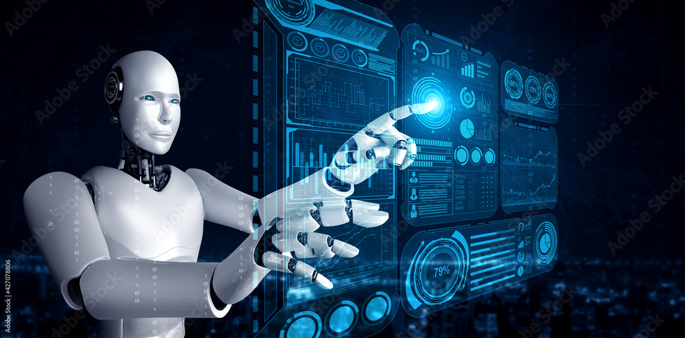 Poster ai humanoid robot touching virtual hologram screen showing concept of big data analytic using artifi