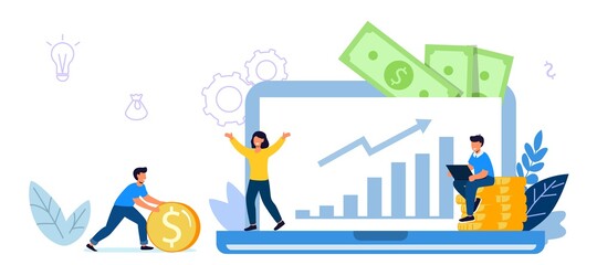 Fototapeta na wymiar Invest in best idea Investment and analysis money cash profits metaphor Flat design tiny people and business concept for trading Economical wealth revenue visualized as pile of cash vector illustratio