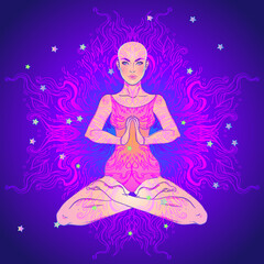 Beautiful Girl sitting in lotus position over ornate colorful neon background. Vector illustration. Psychedelic composition. Buddhism esoteric motifs. Tattoo, spiritual yoga.