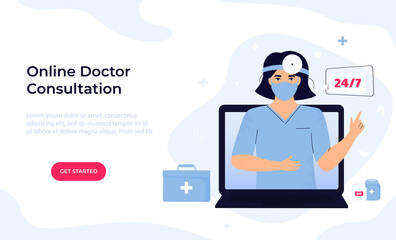 Woman otorhinolaryngologist doctor in protective mask and head reflector consults online by video call on laptop. Ent clinic. Telemedicine concept. Chat with a medical worker. Web page template.