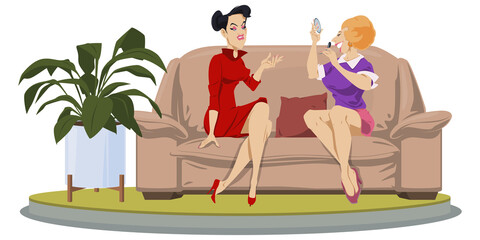 Girls are sitting on couch and talking. Illustration for internet and mobile website.