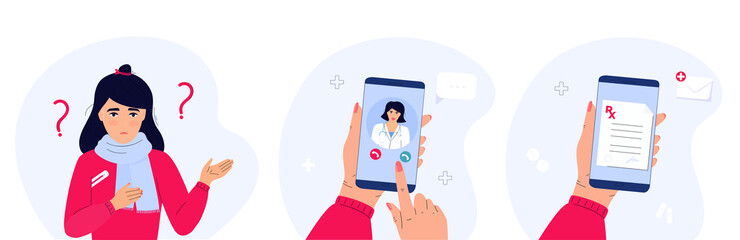 Confused Sick Girl with Temperature Holds a Thermometer Under Her Arm. The patient makes a video call to the doctor. Hands holding smartphone. Telemedicine concept. Prescription online