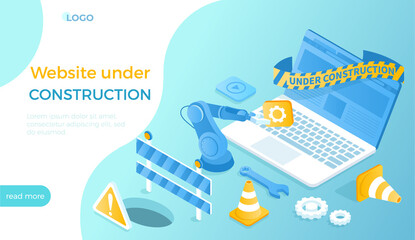 Website Under Construction. Updates changes and fixing on the site. Maintenance page or 404 error. Isometric vector illustration for website.