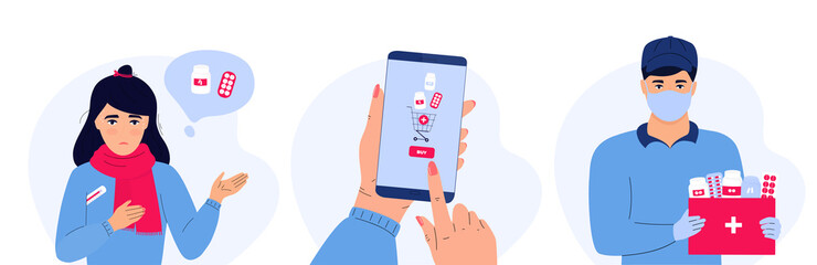 Online pharmacy. Sick Girl with Temperature Holds a Thermometer and thinks about medicaments. Hand is holding smartphone with app to buy pills. Delivery man in protective mask holds a medicine box