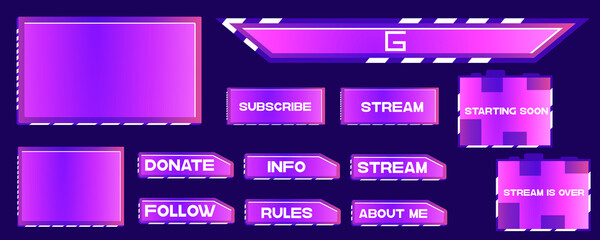 Overlay the game on a dark background. Modern Vector banner design. Template design. Buttons, frames for streaming and donating. Overlay game communicating with subscribers