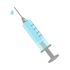 A syringe with a blue liquid and a drop is isolated on a white background