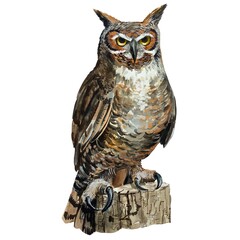 old owl on a tree stump , watercolor illustration 