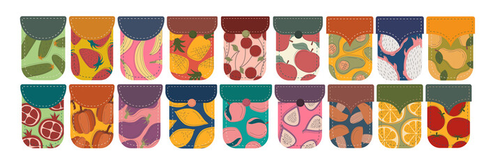 Patch pocket in flat style isolated on white background. Pockets vegetables fruits flat linear style. A variety food three types of pockets, with and without buttons.