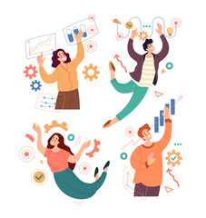 People man woman character takiing paert of business workflow operations. Vector flat cartoon modern style abstract illustration set