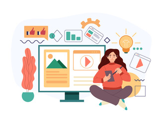 Woman character blogger copywriter journalist content manager working. Vector flat cartoon modern style abstract illustration