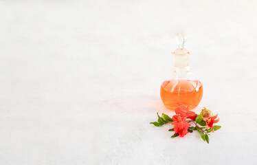 Pomegranate red flowers and essence or organic extract in a flask. Natural ingridients use for alternative medicine, healthy cosmetics concept.