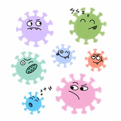 Obraz premium Hand drawn cartoon illustration of coronavirus infection molecules covid-19 with different emotions for kids. Doodle fun characters of pathogen microorganisms isolated on a white background. 