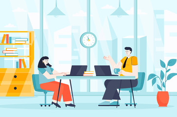 Coworking space concept in flat design. Employees or freelancers work in office scene. Colleagues communicate at business meeting conference. Vector illustration of people characters for landing page