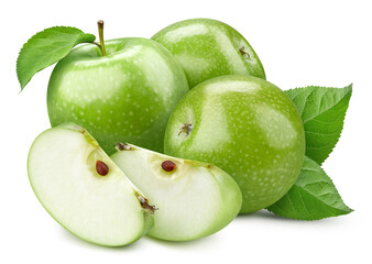 Green apple fruit with apple leaf on white background. File contains clipping path.