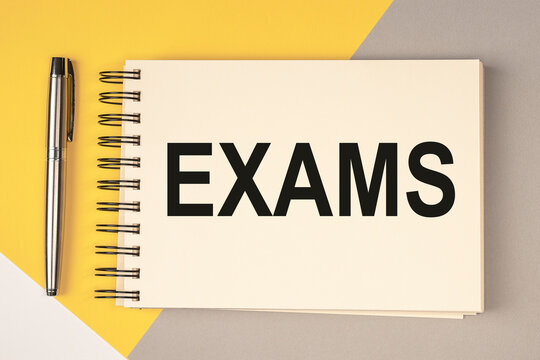 Word exams on trendy colored background. Education