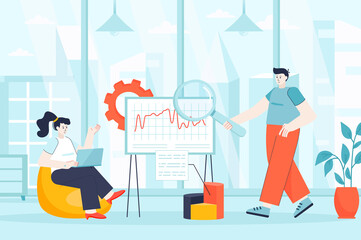 Big data analysis concept in flat design. Business analysts work in office scene. Teamwork on project, analysis of statistics and graphs. Vector illustration of people characters for landing page