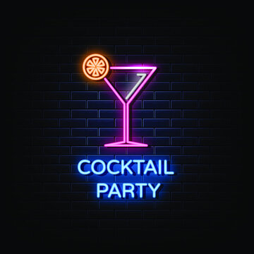 Cocktail Party Logo Neon Signs Vector