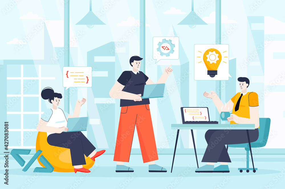 Poster developers team concept in flat design. teamwork at office scene. man and woman coding, programming,