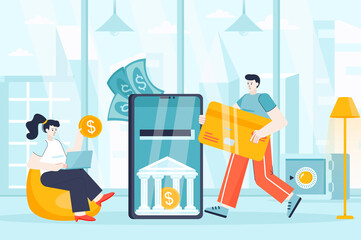 Mobile banking concept in flat design. Mobile application for bank transactions scene. Man and woman pay online, make deposits, accounting. Vector illustration of people characters for landing page