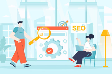 Seo optimization concept in flat design. Developers work in office scene. Man and woman customize search, targeting, ranking, analysis data. Vector illustration of people characters for landing page