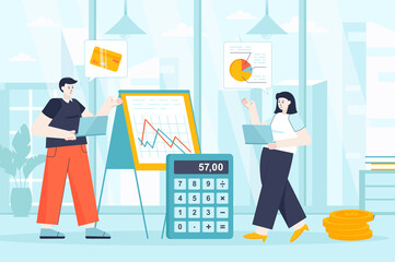 Financial management concept in flat design. Employees work in office scene. Man and woman analysis data graphics, accounting, investment. Vector illustration of people characters for landing page