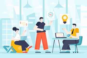 Developers team concept in flat design. Teamwork at office scene. Man and woman coding, programming, brainstorming, working project together. Vector illustration of people characters for landing page