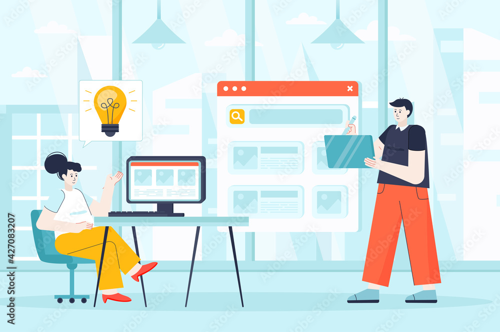 Poster designers concept in flat design. employees working at office scene. man and woman creating new prod